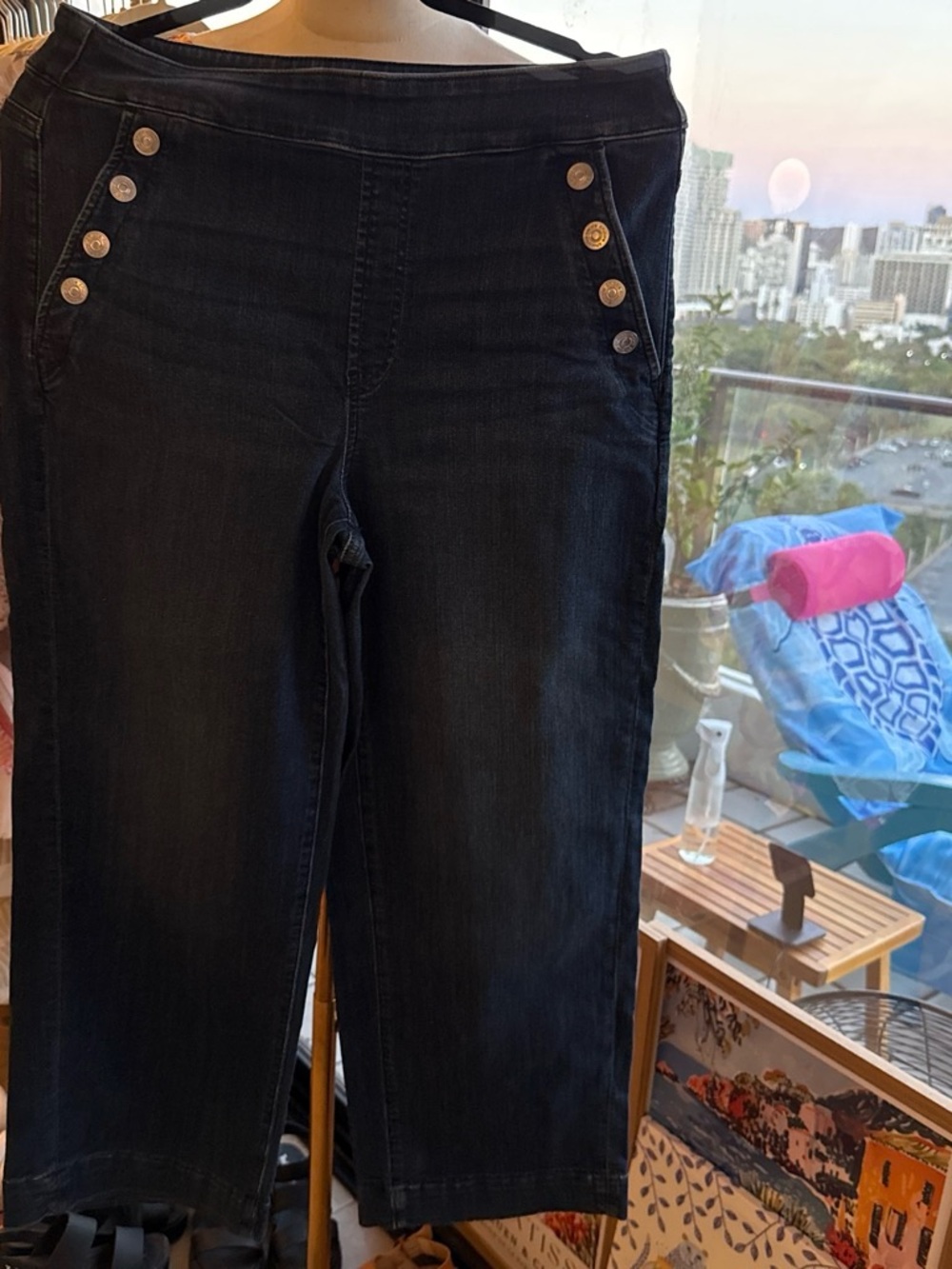 Chico's Dark Wide Leg Wash Ankle Cropped Jeans with Decorative Buttons